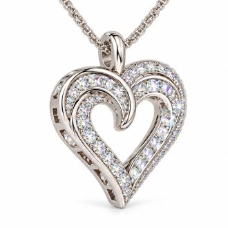 1.12 Carat Round and Baguette Diamond Heart Necklace In Sterling Silver, 18 Inches