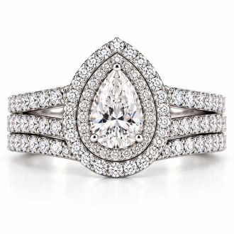 1 Carat Pear Shape Lab Grown Diamond Halo Bridal Set In Sterling Silver