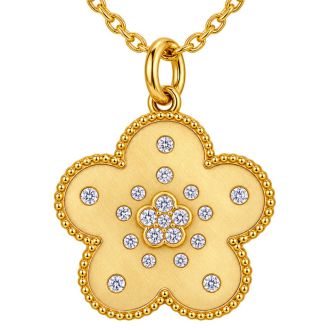 Estate Jewelry 1/3 Carat Natural Diamond Flower Pendant In 14K Yellow Gold With Free Chain