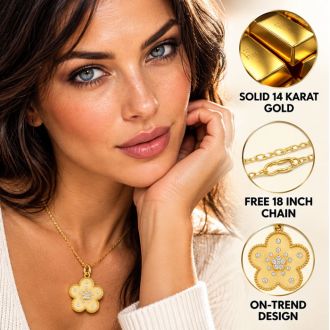 Estate Jewelry 1/3 Carat Natural Diamond Flower Pendant In 14K Yellow Gold With Free Chain