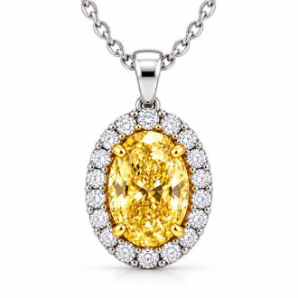 Estate Jewelry 1.80 Carat Lab Grown Canary Yellow Diamond Halo Necklace In 14K White Gold