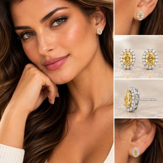 Estate Jewelry 2.37 Carat Lab Grown Canary Yellow Diamond Halo Earrings In 14K White Gold
