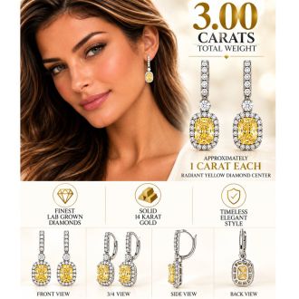Estate Jewelry 3 Carat Lab Grown Canary Yellow Diamond Halo Drop Earrings In 14K White Gold