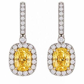 Estate Jewelry 3 Carat Lab Grown Canary Yellow Diamond Halo Drop Earrings In 14K White Gold