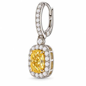 Estate Jewelry 3 Carat Lab Grown Canary Yellow Diamond Halo Drop Earrings In 14K White Gold