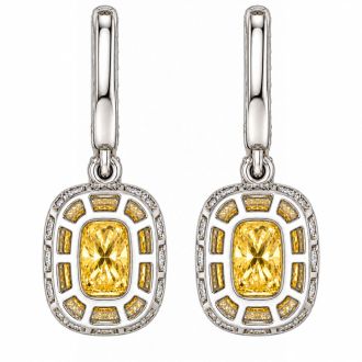 Estate Jewelry 3 Carat Lab Grown Canary Yellow Diamond Halo Drop Earrings In 14K White Gold