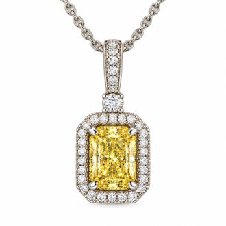 Estate Jewelry 1.66 Carat Lab Grown Canary Yellow Diamond Halo Necklace In 14K White Gold