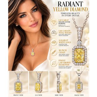 Estate Jewelry 1.66 Carat Lab Grown Canary Yellow Diamond Halo Necklace In 14K White Gold