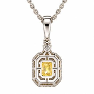 Estate Jewelry 1.66 Carat Lab Grown Canary Yellow Diamond Halo Necklace In 14K White Gold