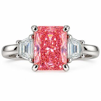 Estate Jewelry 3.28 Carat Lab Grown Radiant Fancy Pink Diamond and Trapezoid Three Stone Ring In 14K White Gold