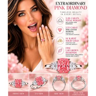 Estate Jewelry 3.28 Carat Lab Grown Radiant Fancy Pink Diamond and Trapezoid Three Stone Ring In 14K White Gold