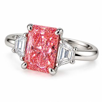 Estate Jewelry 3.28 Carat Lab Grown Radiant Fancy Pink Diamond and Trapezoid Three Stone Ring In 14K White Gold