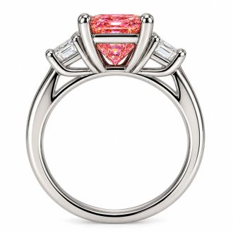 Estate Jewelry 3.28 Carat Lab Grown Radiant Fancy Pink Diamond and Trapezoid Three Stone Ring In 14K White Gold