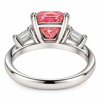 Estate Jewelry 3.28 Carat Lab Grown Radiant Fancy Pink Diamond and Trapezoid Three Stone Ring In 14K White Gold
