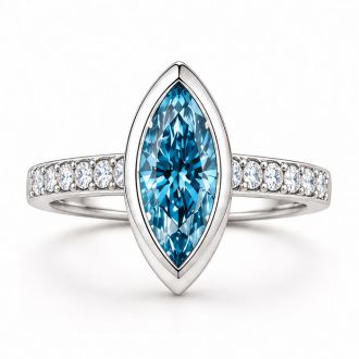 Estate Jewelry 2 1/2 Carat Lab Grown Marquise Shape Blue Diamond Bezel Set Ring In 14K White Gold