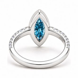 Estate Jewelry 2 1/2 Carat Lab Grown Marquise Shape Blue Diamond Bezel Set Ring In 14K White Gold