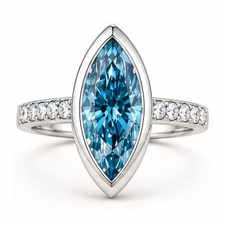Estate Jewelry 3 1/2 Carat Lab Grown Marquise Shape Blue Diamond Bezel Set Ring In 14K White Gold