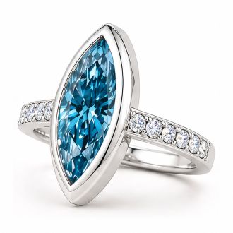 Estate Jewelry 3 1/2 Carat Lab Grown Marquise Shape Blue Diamond Bezel Set Ring In 14K White Gold