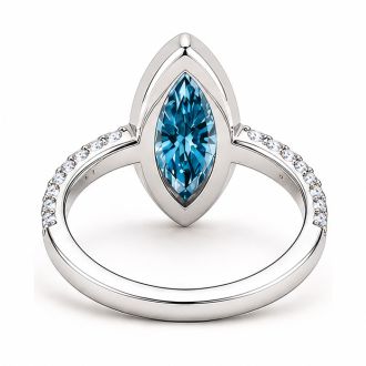 Estate Jewelry 3 1/2 Carat Lab Grown Marquise Shape Blue Diamond Bezel Set Ring In 14K White Gold