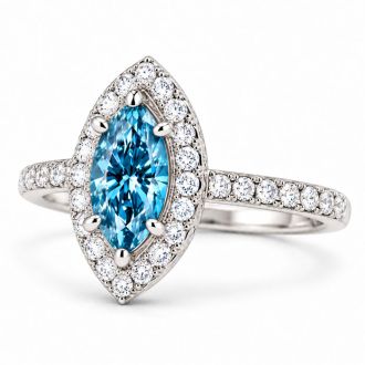 Estate Jewelry 3 Carat Lab Grown Marquise Shape Blue Diamond Halo Ring In 14K White Gold