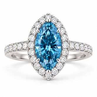 Estate Jewelry 4 Carat Lab Grown Marquise Shape Blue Diamond Halo Ring In 14K White Gold