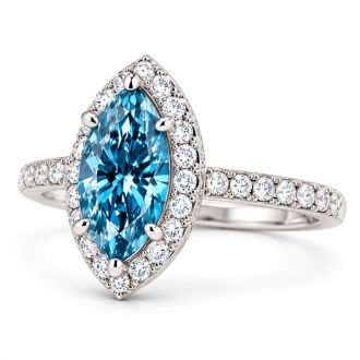 Estate Jewelry 4 Carat Lab Grown Marquise Shape Blue Diamond Halo Ring In 14K White Gold