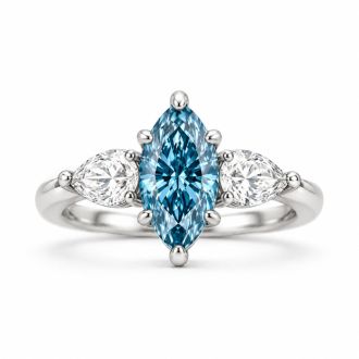 Estate Jewelry 3 Carat Lab Grown Marquise Shape Blue Diamond Three Stone Ring In 14K White Gold