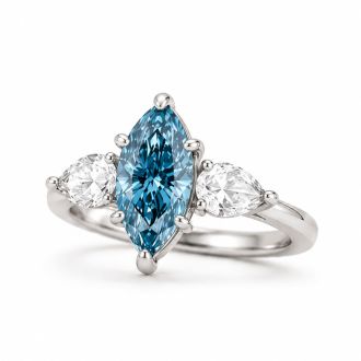 Estate Jewelry 3 Carat Lab Grown Marquise Shape Blue Diamond Three Stone Ring In 14K White Gold