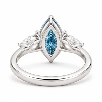 Estate Jewelry 3 Carat Lab Grown Marquise Shape Blue Diamond Three Stone Ring In 14K White Gold