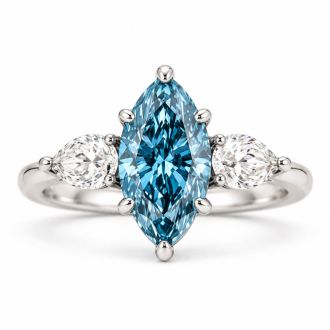 Estate Jewelry 4 Carat Lab Grown Marquise Shape Blue Diamond Three Stone Ring In 14K White Gold