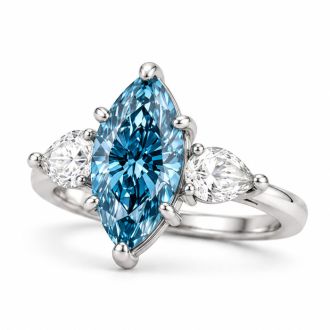 Estate Jewelry 4 Carat Lab Grown Marquise Shape Blue Diamond Three Stone Ring In 14K White Gold
