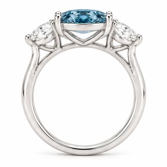 Estate Jewelry 4 Carat Lab Grown Marquise Shape Blue Diamond Three Stone Ring In 14K White Gold