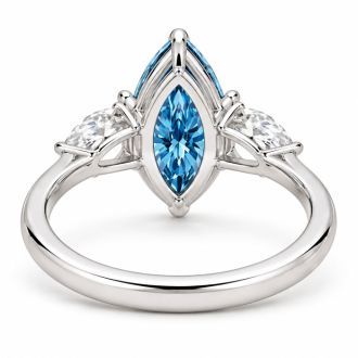 Estate Jewelry 4 Carat Lab Grown Marquise Shape Blue Diamond Three Stone Ring In 14K White Gold