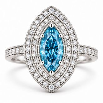 Estate Jewelry 3 Carat Lab Grown Marquise Shape Blue DIamond Double Halo Ring In 14K White Gold