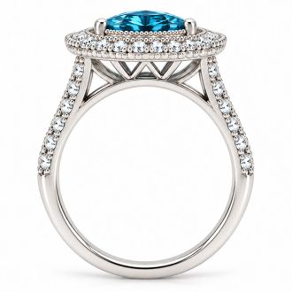 Estate Jewelry 3 Carat Lab Grown Marquise Shape Blue DIamond Double Halo Ring In 14K White Gold