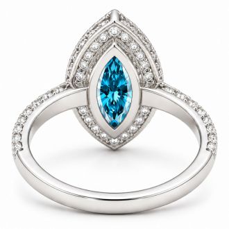 Estate Jewelry 3 Carat Lab Grown Marquise Shape Blue DIamond Double Halo Ring In 14K White Gold