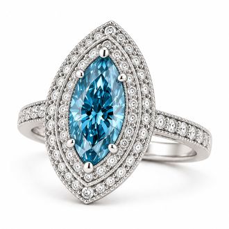 Estate Jewelry 4 Carat Lab Grown Marquise Shape Blue DIamond Double Halo Ring In 14K White Gold
