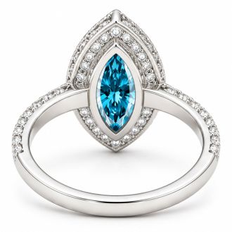 Estate Jewelry 4 Carat Lab Grown Marquise Shape Blue DIamond Double Halo Ring In 14K White Gold