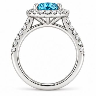 Estate Jewelry 3 Carat Lab Grown Oval Shape Blue Diamond Halo Ring In 14K White Gold