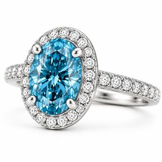 Estate Jewelry 4 Carat Lab Grown Oval Shape Blue Diamond Halo Ring In 14K White Gold