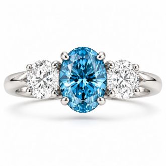 Estate Jewelry 3 Carat Lab Grown Oval Shape Blue Diamond Three Stone Ring In 14K White Gold