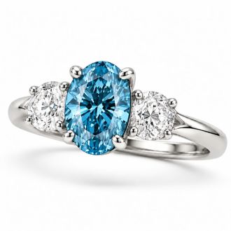 Estate Jewelry 3 Carat Lab Grown Oval Shape Blue Diamond Three Stone Ring In 14K White Gold