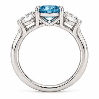 Estate Jewelry 3 Carat Lab Grown Oval Shape Blue Diamond Three Stone Ring In 14K White Gold