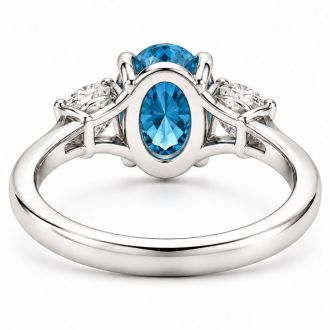 Estate Jewelry 3 Carat Lab Grown Oval Shape Blue Diamond Three Stone Ring In 14K White Gold