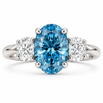 Estate Jewelry 4 Carat Lab Grown Oval Shape Blue Diamond Three Stone Ring In 14K White Gold