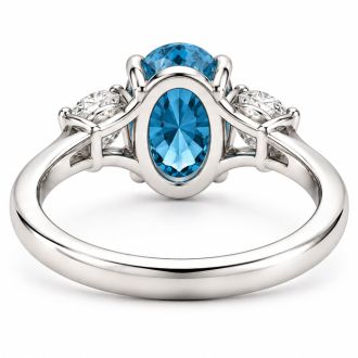 Estate Jewelry 4 Carat Lab Grown Oval Shape Blue Diamond Three Stone Ring In 14K White Gold