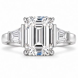 4 Carat Emerald Cut Lab Grown Diamond Three Stone Ring With Trapezoids In 14K White Gold