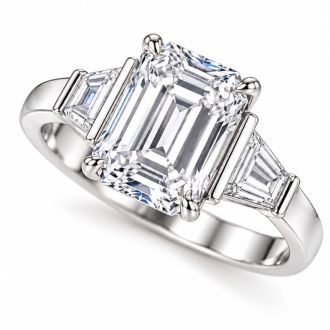 4 Carat Emerald Cut Lab Grown Diamond Three Stone Ring With Trapezoids In 14K White Gold