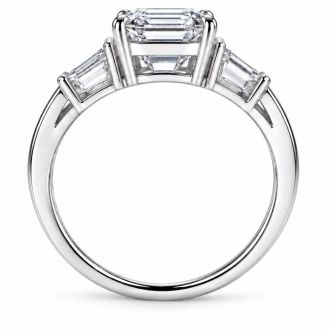 4 Carat Emerald Cut Lab Grown Diamond Three Stone Ring With Trapezoids In 14K White Gold