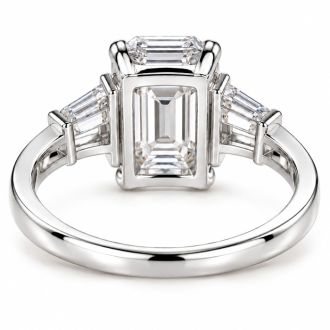 4 Carat Emerald Cut Lab Grown Diamond Three Stone Ring With Trapezoids In 14K White Gold